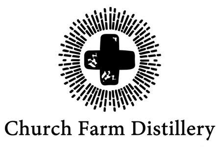 Black logo and text reading 'Church Farm Distillery' on a white background, featuring a circular dotted sunburst design around a central cross shape.